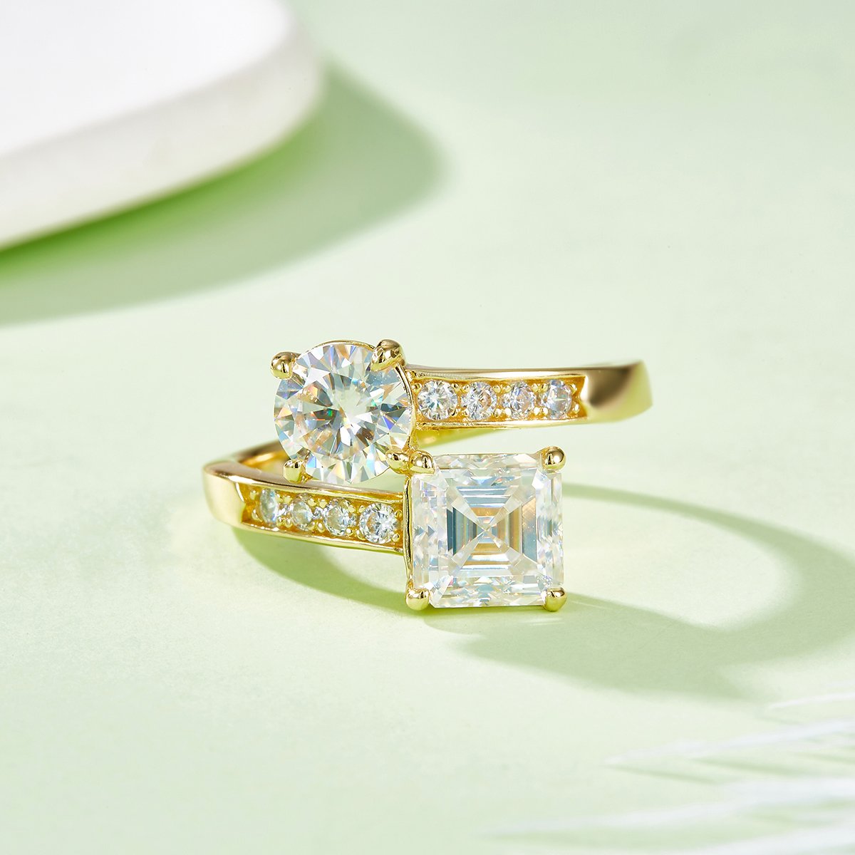 Toi et Moi Moissanite Ring – Round + Asscher 3ct DEW Yellow Gold - alternate view