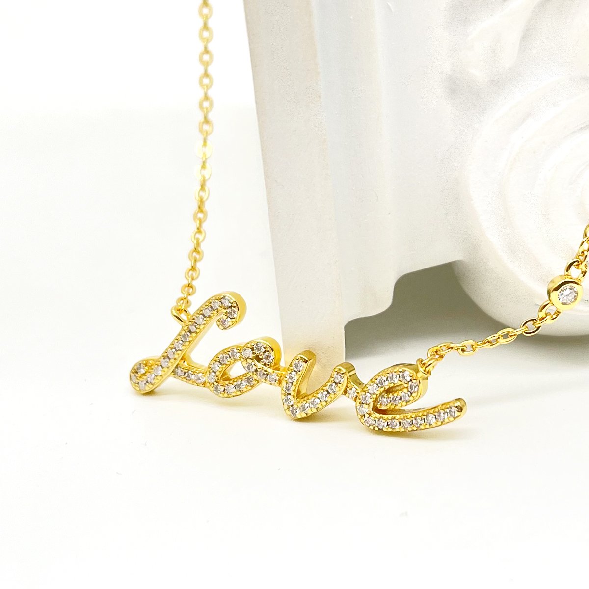 Pave Love Script Moissanite Necklace | 925 Silver | White & Yellow Gold - Image 7