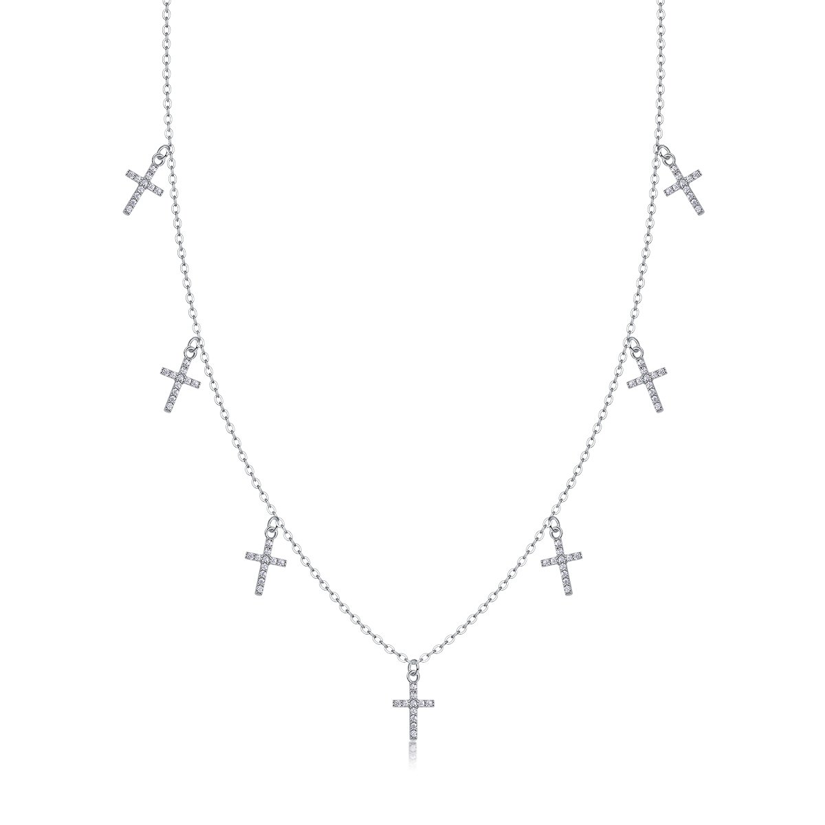 Pave Cross Charm Station Moissanite Necklace