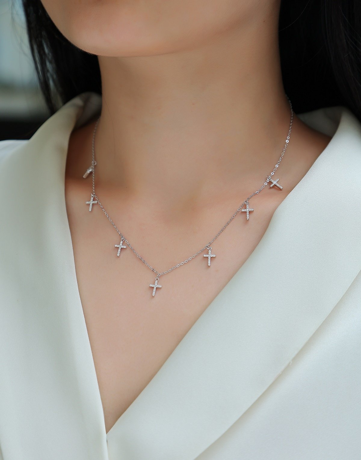 Pave Cross Charm Station Moissanite Necklace - Image 5