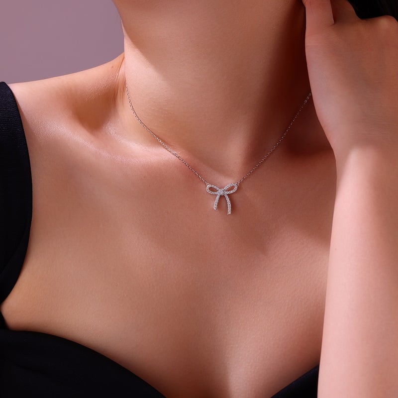 Pavé Bow Moissanite Necklace in 18K White Gold-Plated Silver - Image 5