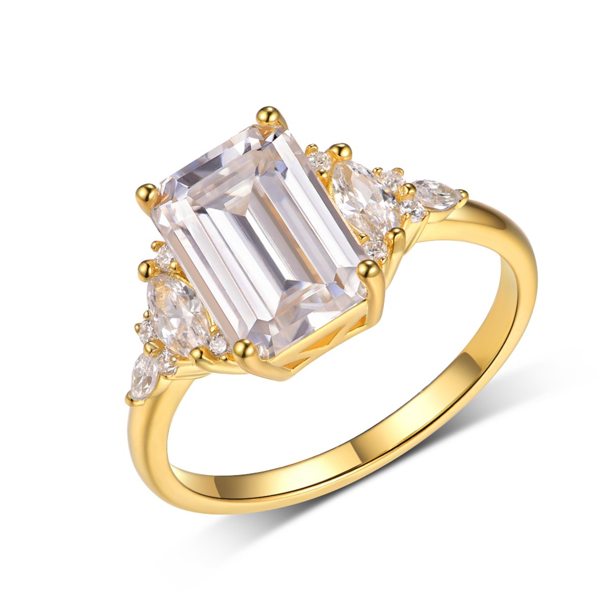 Emerald-Cut Moissanite Ring with Marquise Accent Clusters