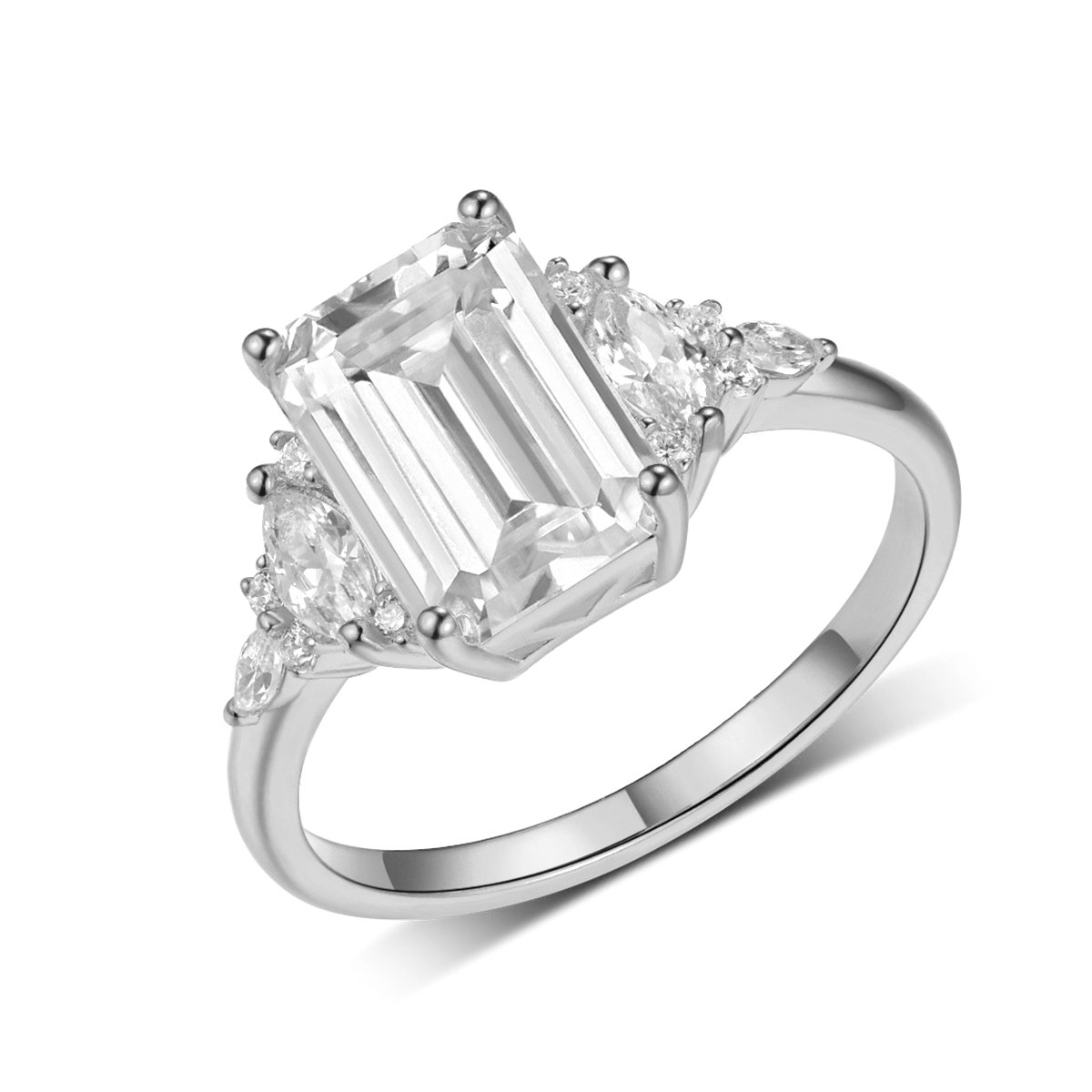 Emerald-Cut Moissanite Ring with Marquise Accent Clusters - Image 2