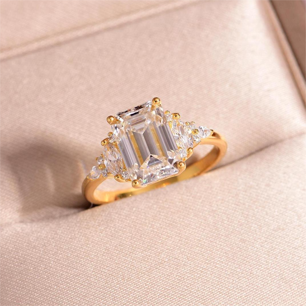 Emerald-Cut Moissanite Ring with Marquise Accent Clusters - Image 4