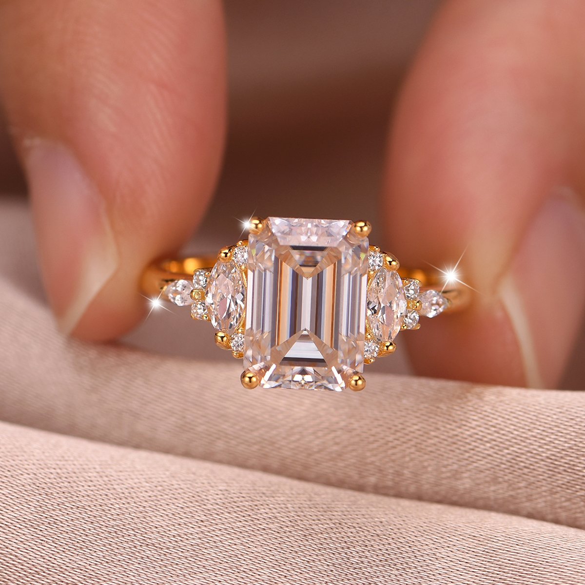 Emerald-Cut Moissanite Ring with Marquise Accent Clusters - Image 5