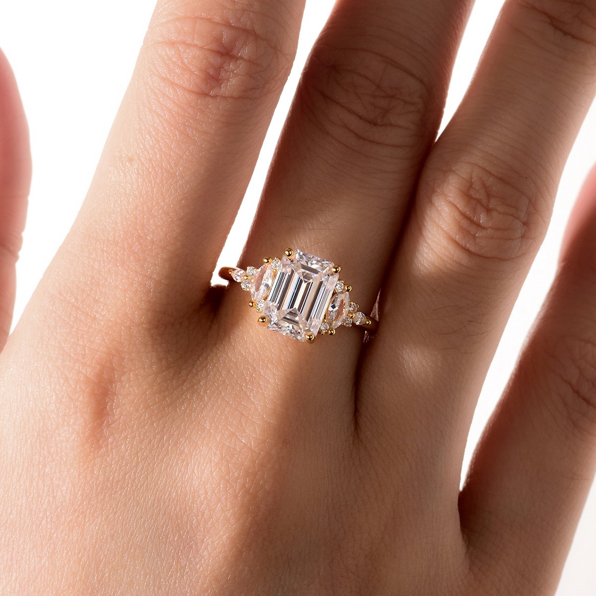 Emerald-Cut Moissanite Ring with Marquise Accent Clusters - Image 6