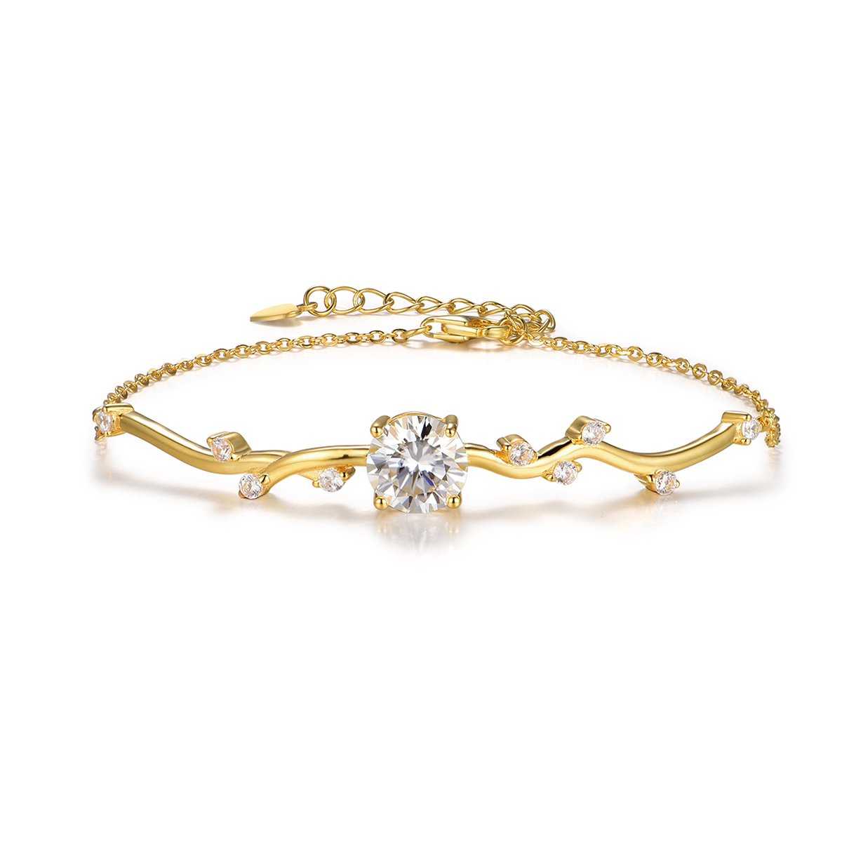 Gold Twig Branch Moissanite Bracelet | 2ct DEW Round | 925 Silver