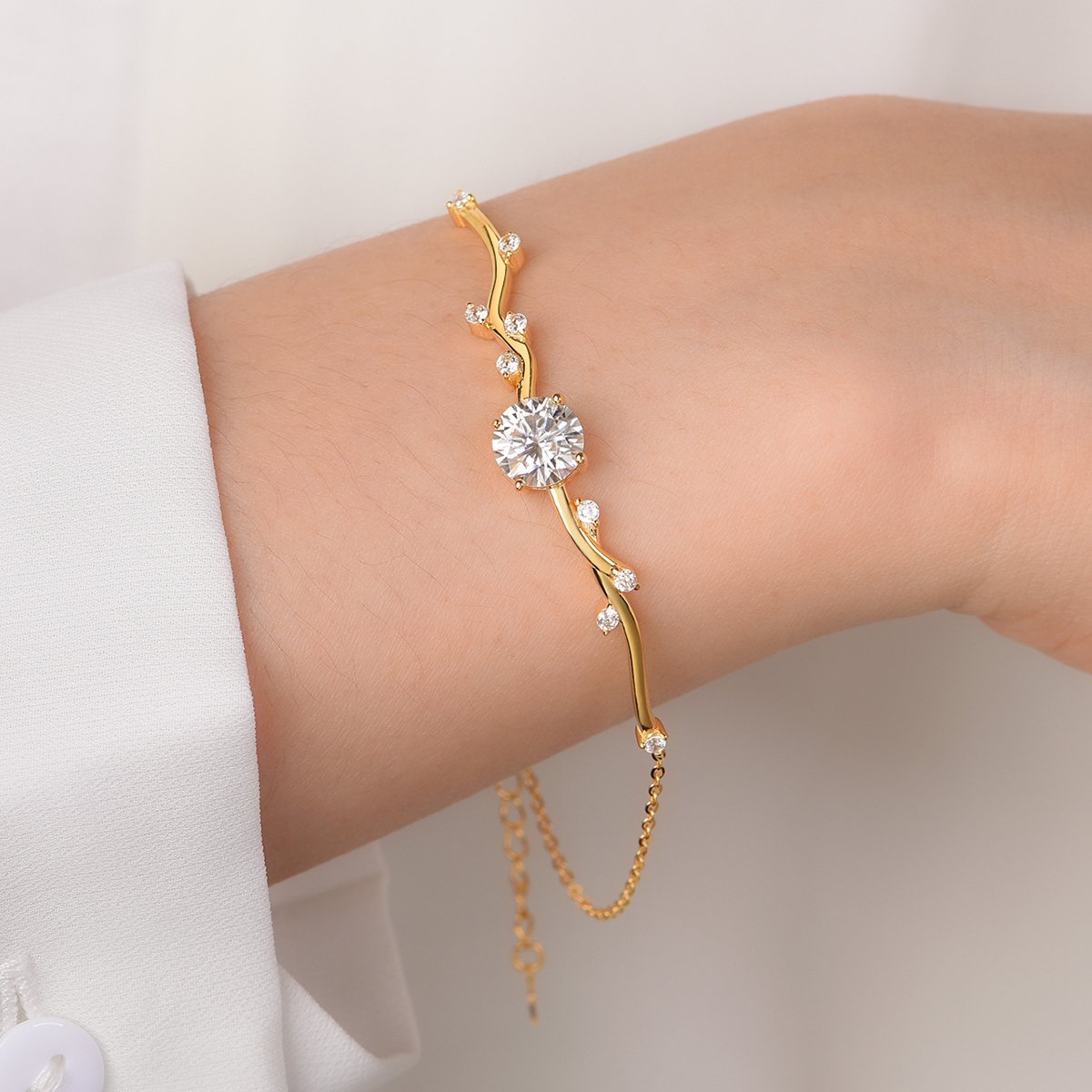 Gold Twig Branch Moissanite Bracelet | 2ct DEW Round | 925 Silver - Image 4