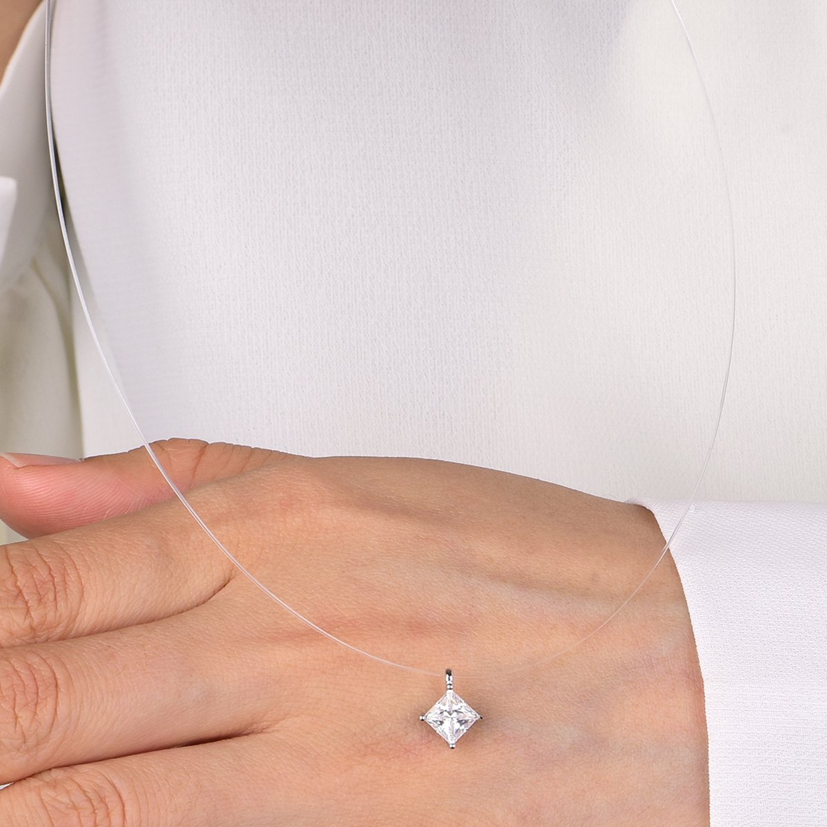 Princess-Cut Moissanite Floating Solitaire Necklace | Invisible Illusion Chain - Image 4