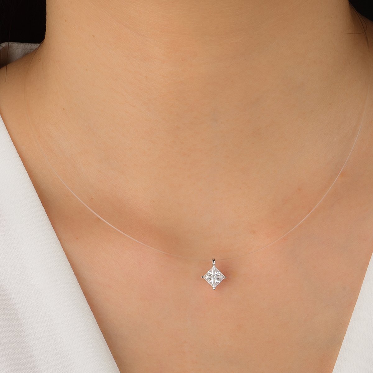 Princess-Cut Moissanite Floating Solitaire Necklace | Invisible Illusion Chain - Image 5