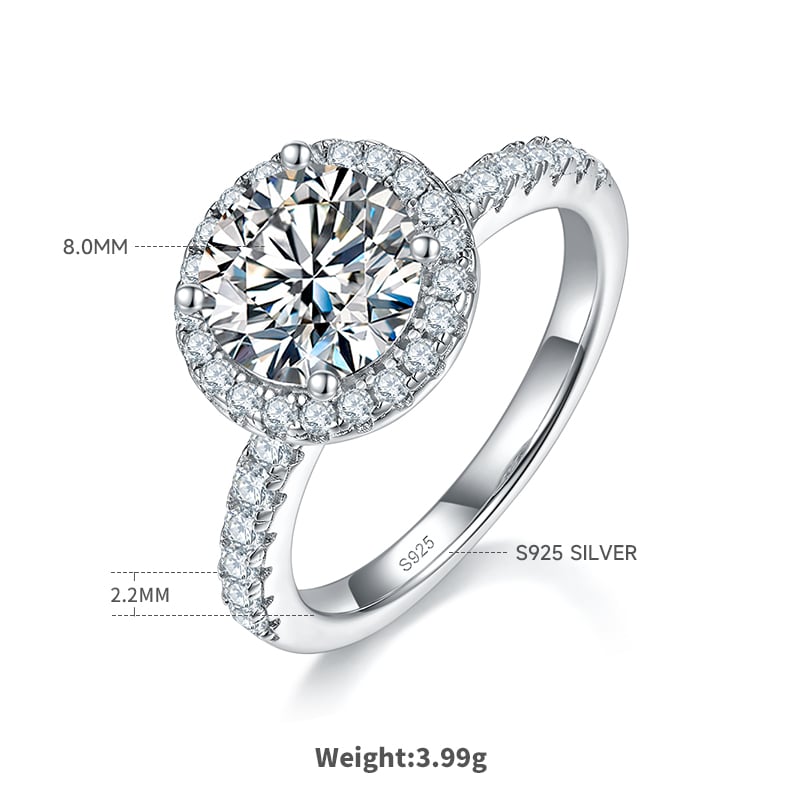 2ct Round-Cut Moissanite Halo Ring | Pave Band, 925 Silver 18K White-Gold Plated