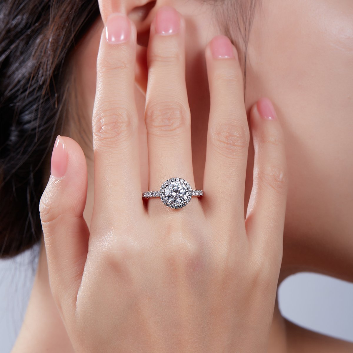 2ct Round-Cut Moissanite Halo Ring | Pave Band, 925 Silver 18K White-Gold Plated - Image 7