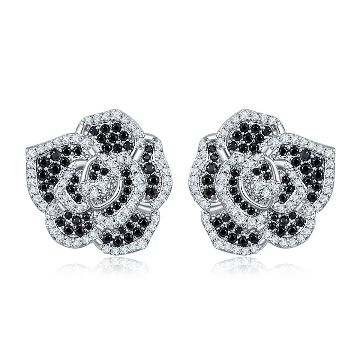 Black & White Pavé Camellia Moissanite Stud Earrings