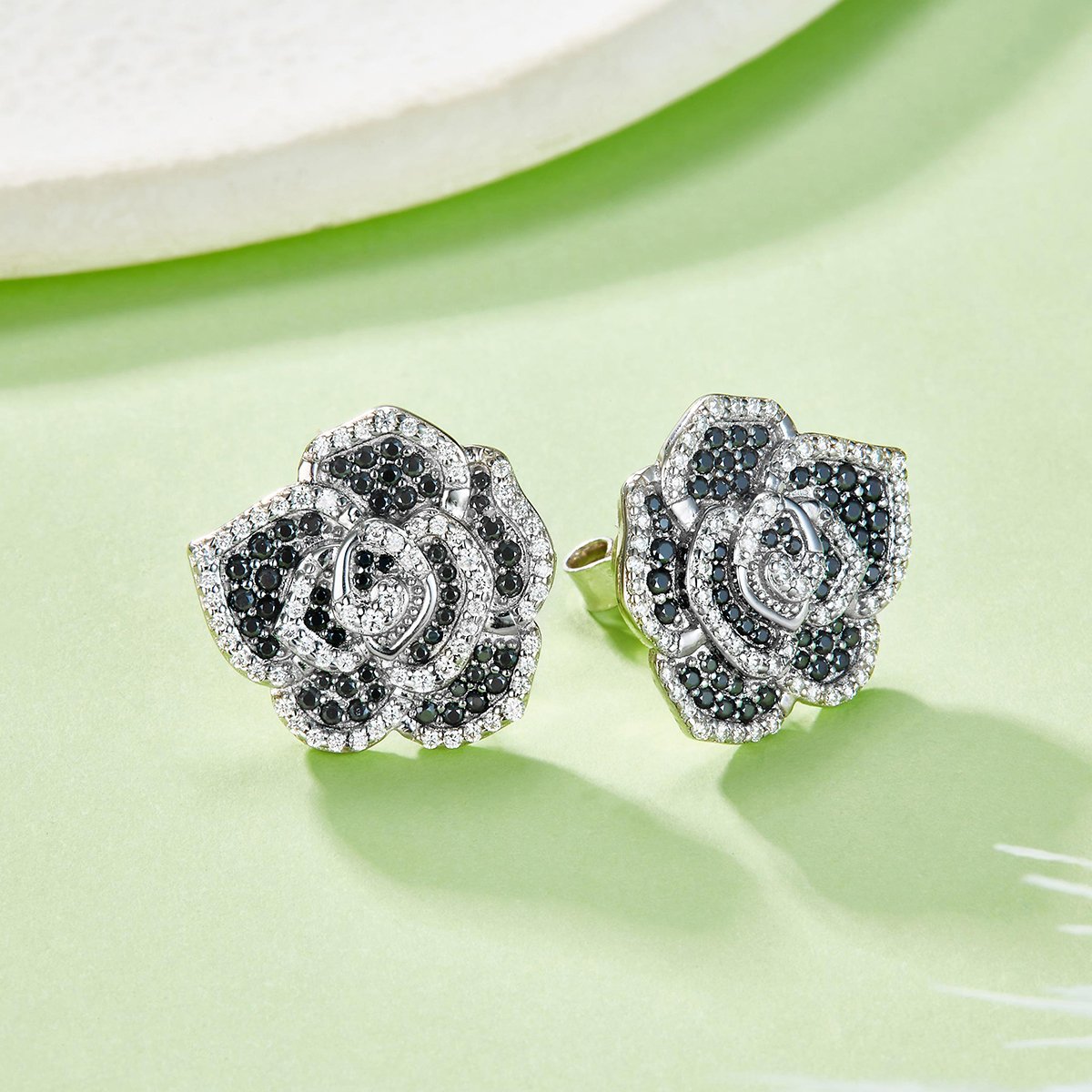 Black & White Pavé Camellia Moissanite Stud Earrings - Image 2