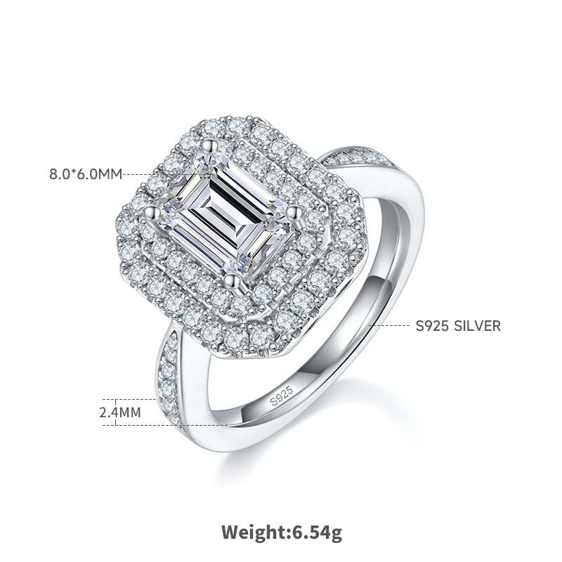 2ct Emerald-Cut Moissanite Double-Halo Ring | 8x6mm DEW 925 Silver