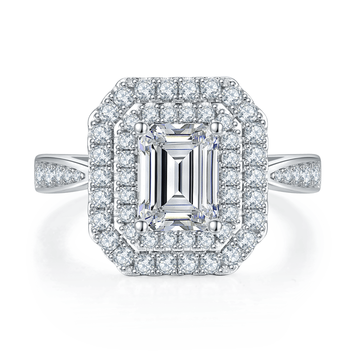 2ct Emerald-Cut Moissanite Double-Halo Ring | 8x6mm DEW 925 Silver - Image 2