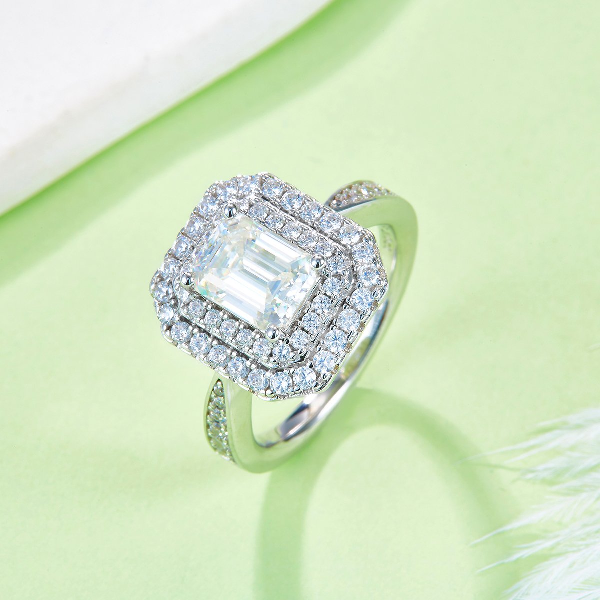 2ct Emerald-Cut Moissanite Double-Halo Ring | 8x6mm DEW 925 Silver - Image 4