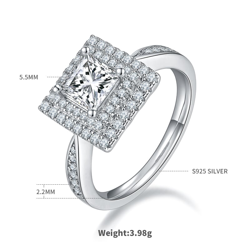 1ct Princess-Cut Moissanite Double-Halo Engagement Ring