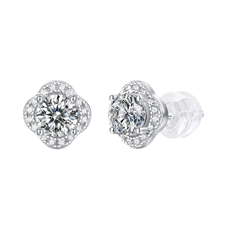 Round Moissanite Clover Halo Stud Earrings - Image 2