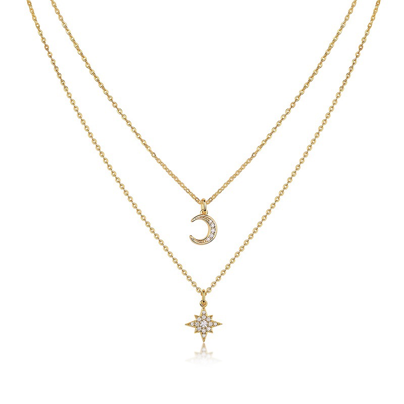 Moissanite Crescent Moon & Star Layered Necklace