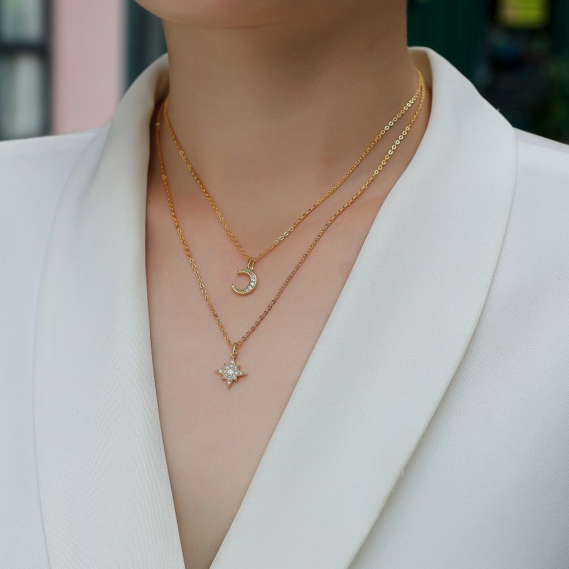 Moissanite Crescent Moon & Star Layered Necklace - Image 2