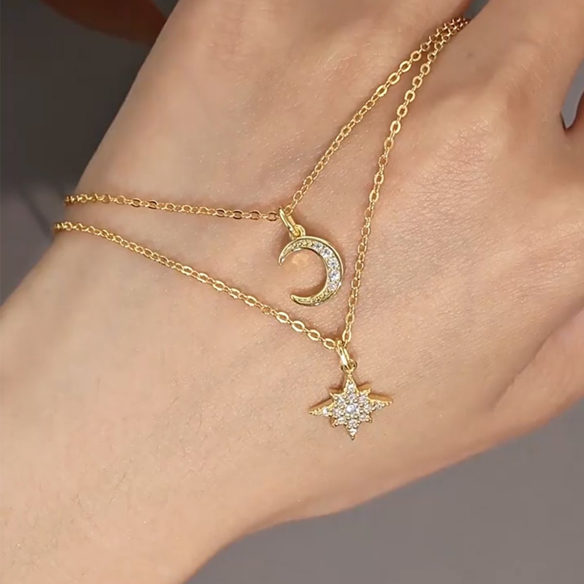 Moissanite Crescent Moon & Star Layered Necklace - Image 3