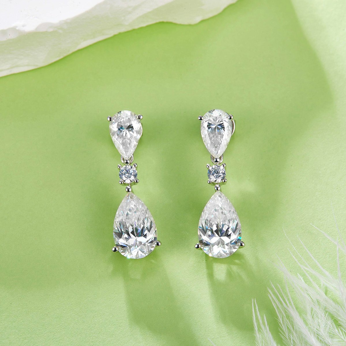 Pear & Round Moissanite Three-Stone Dangle Drop Earrings - Image 2