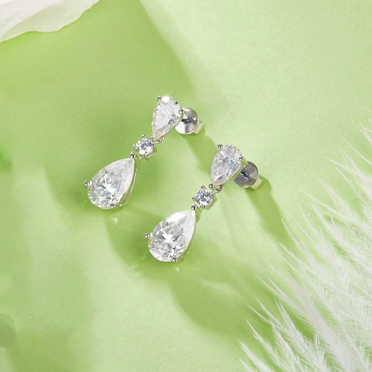 Pear & Round Moissanite Three-Stone Dangle Drop Earrings - Image 3
