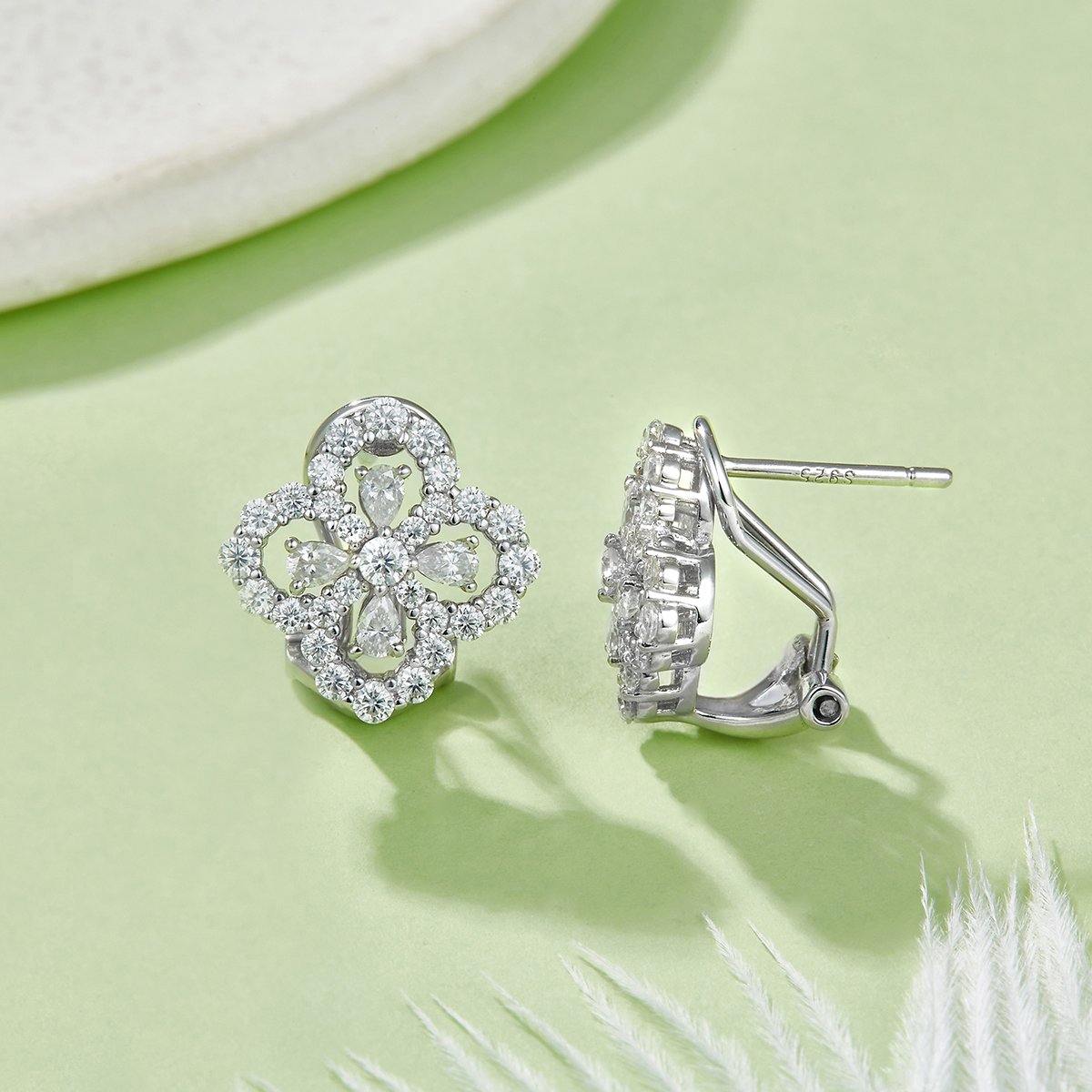 Moissanite Openwork Clover Cluster Stud Earrings 2.26ct - alternate view