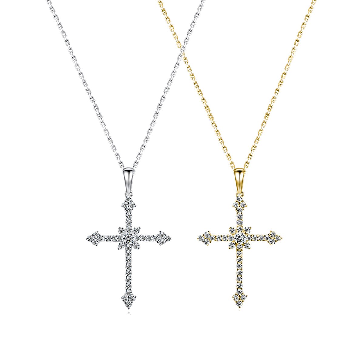 Moissanite Pavé Gothic Cross Pendant Necklace | White or Yellow Gold