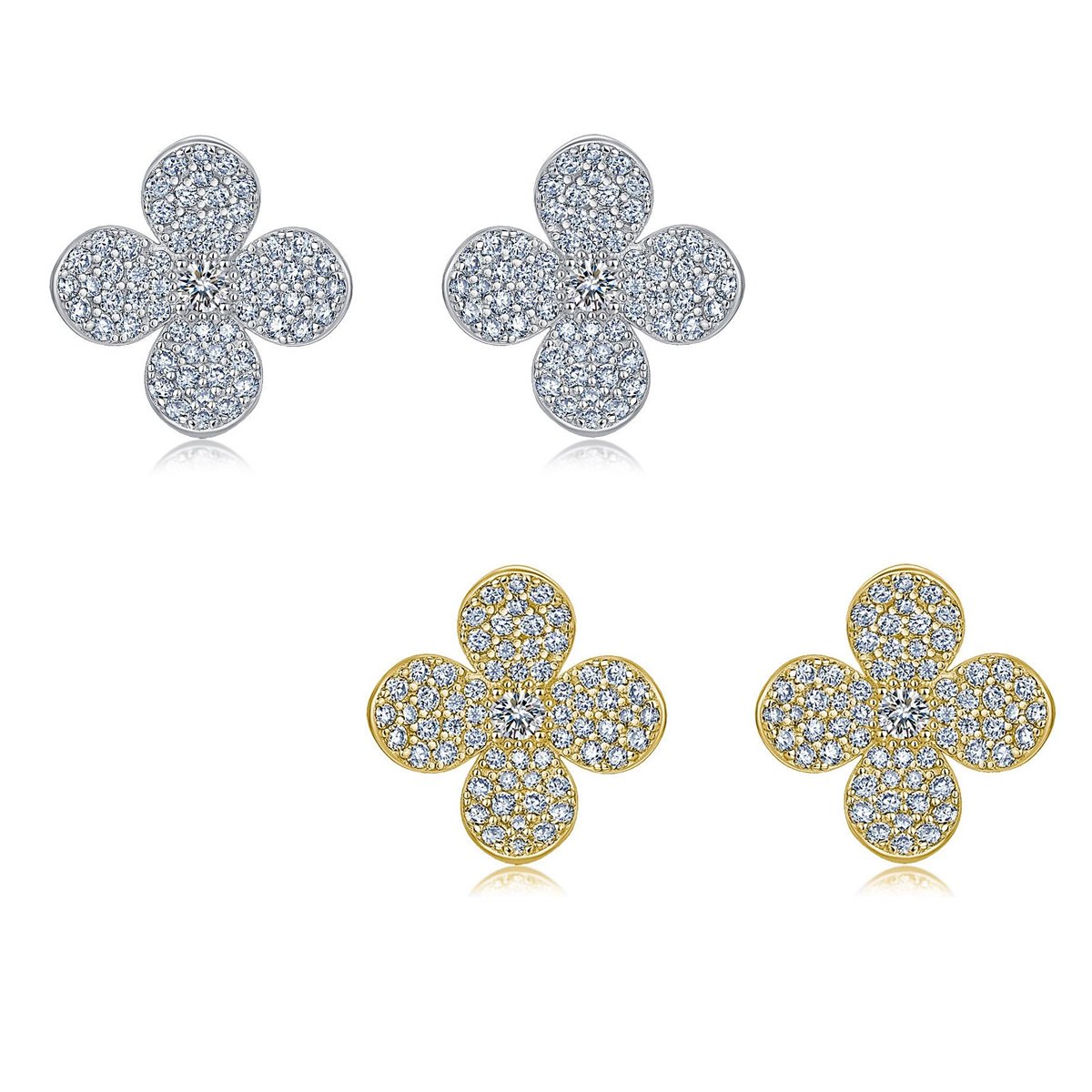 Pavé Moissanite Clover Flower Stud Earrings | Four-Petal Sparkle