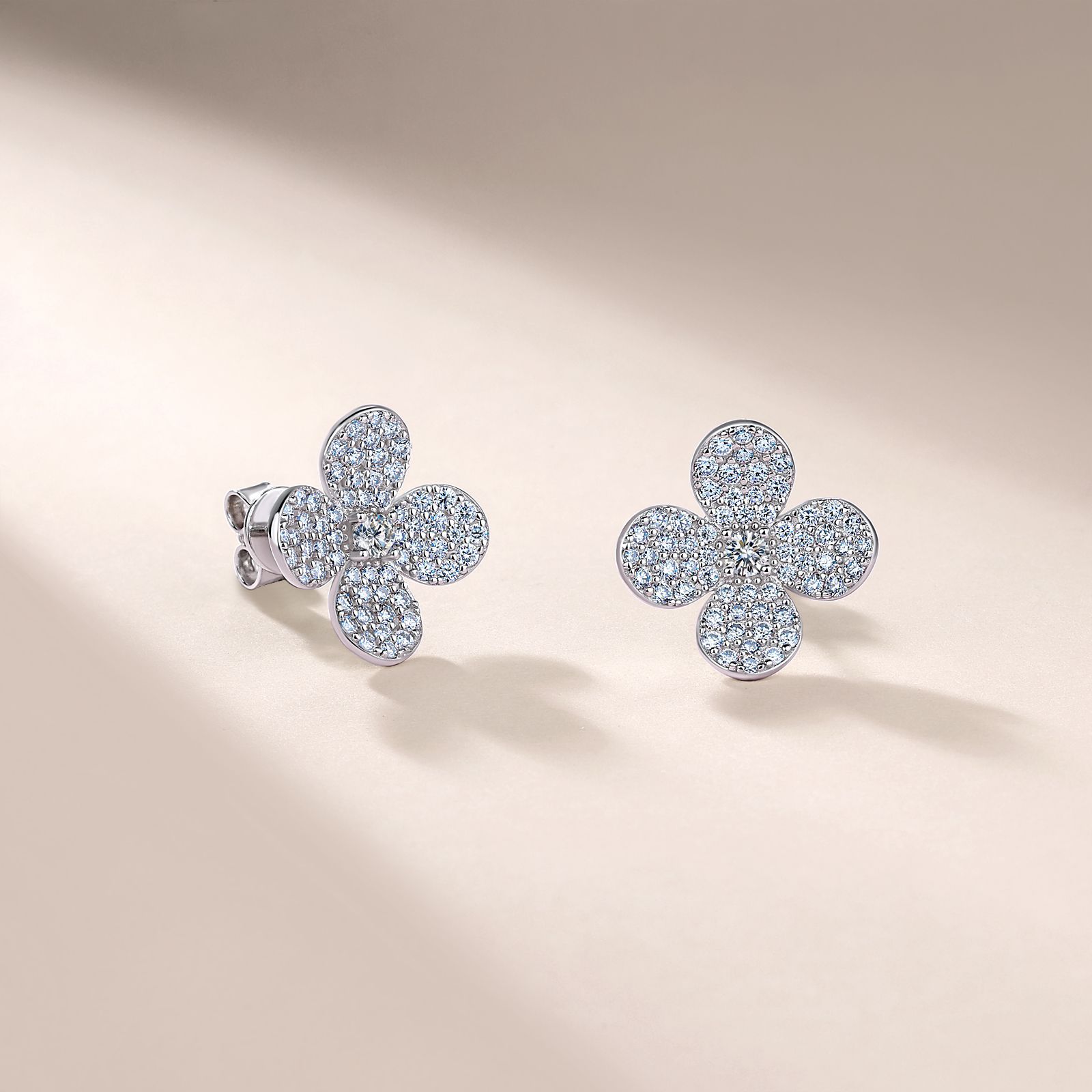 Pavé Moissanite Clover Flower Stud Earrings | Four-Petal Sparkle - Image 2