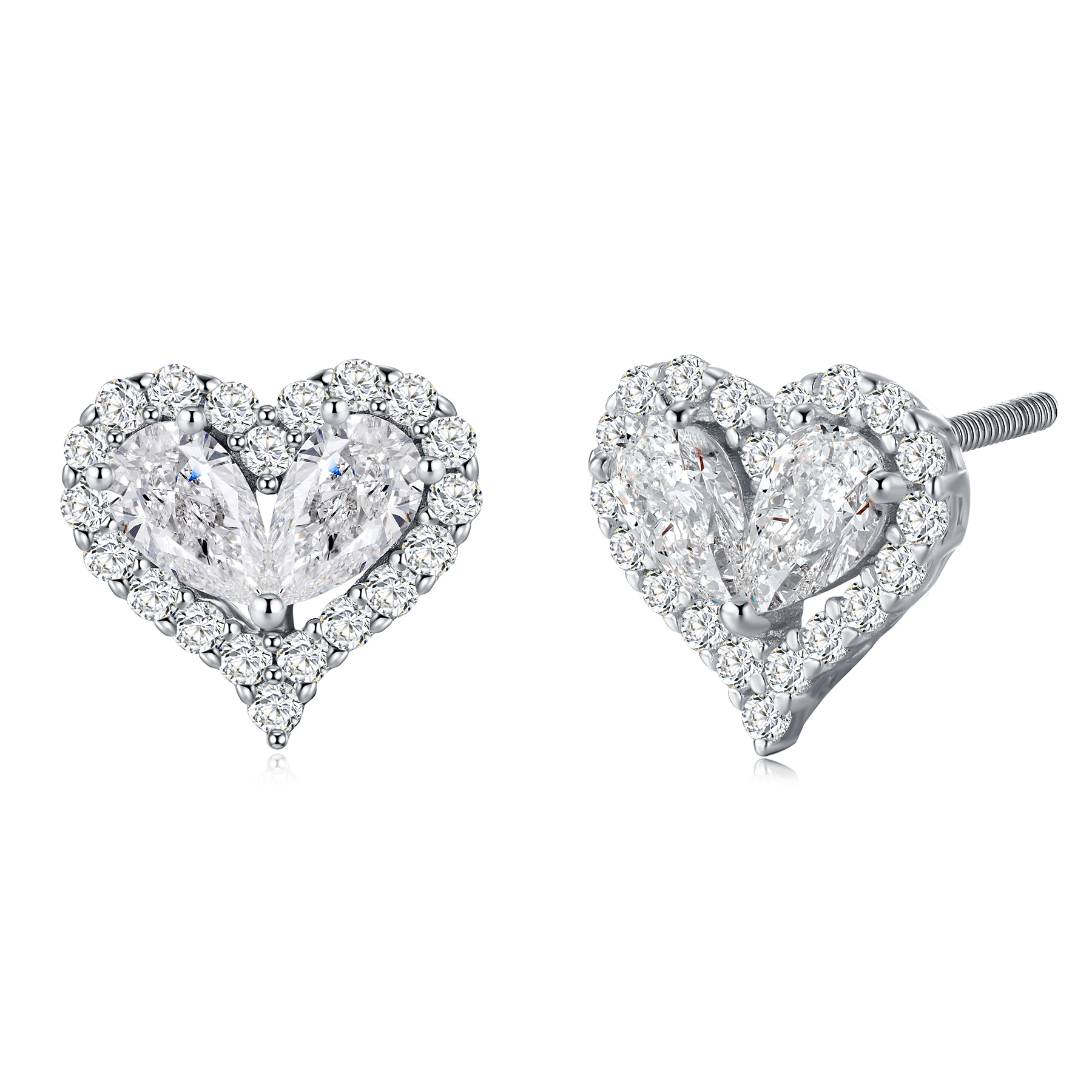 Moissanite Twin-Pear Heart Halo Stud Earrings - Image 2