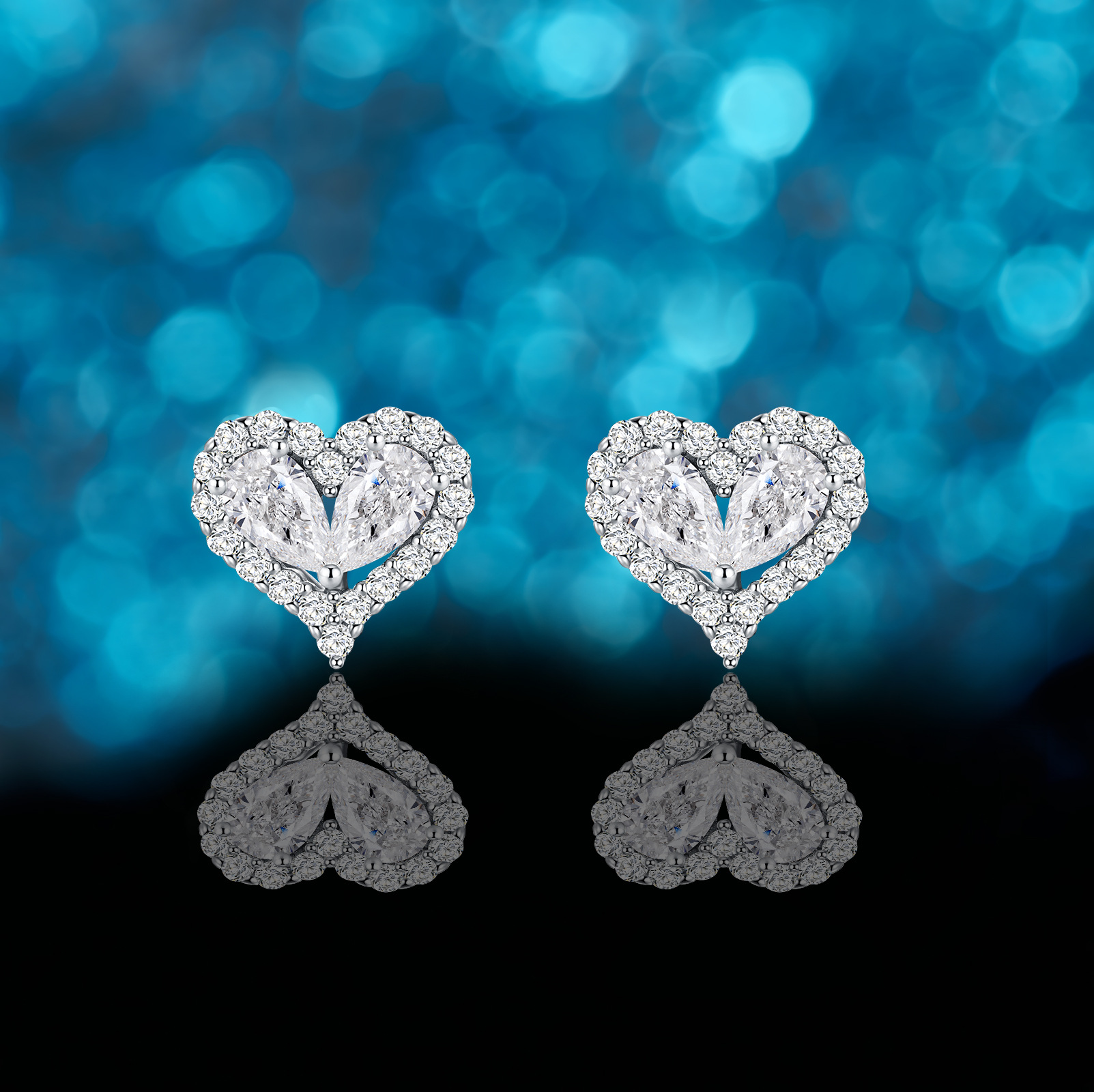 Moissanite Twin-Pear Heart Halo Stud Earrings - Image 5
