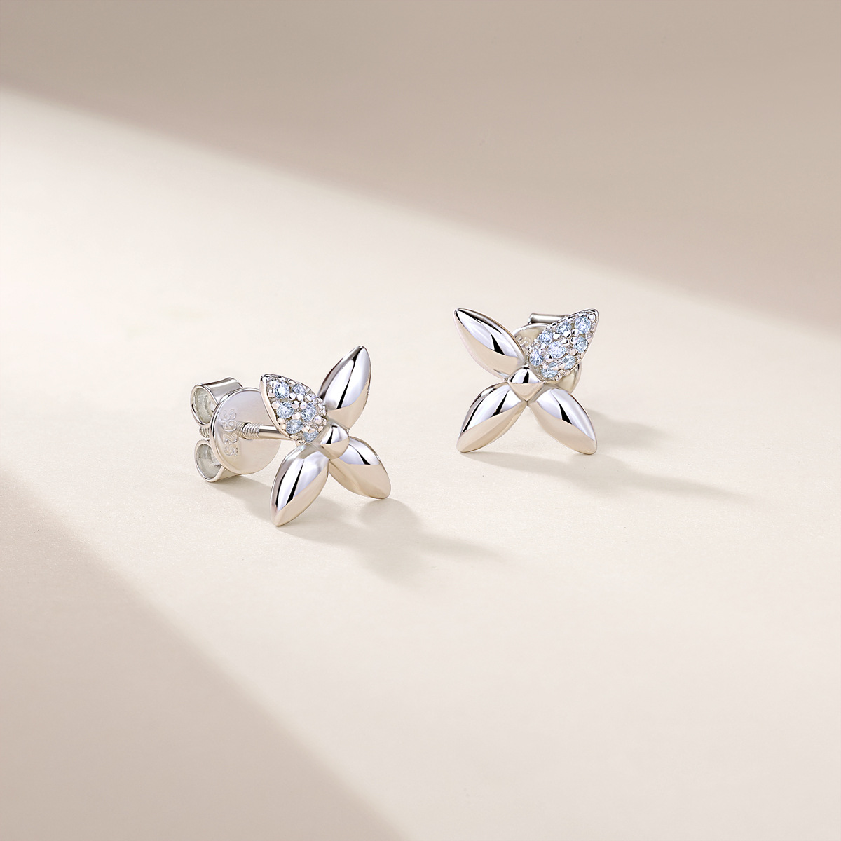 Moissanite Pavé Four-Petal Flower Stud Earrings - Image 2