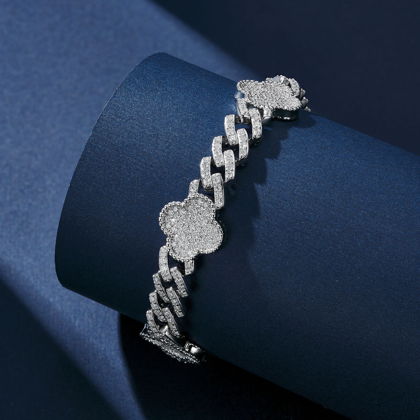 Pave Clover Cuban Link Moissanite Bracelet | 925 Silver Iced Curb Chain - Image 3