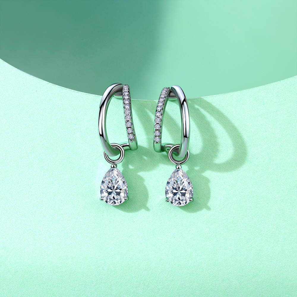 Moissanite Pear-Drop Double-Hoop Drop Earrings - Image 3