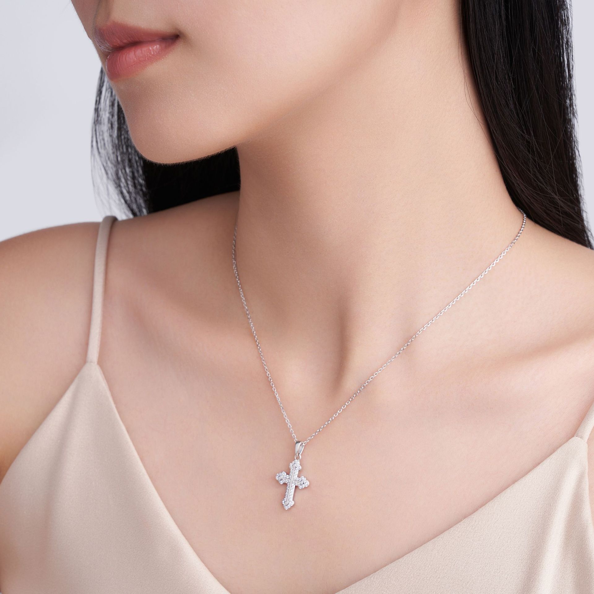 Moissanite Pave Budded Cross Necklace - Image 5