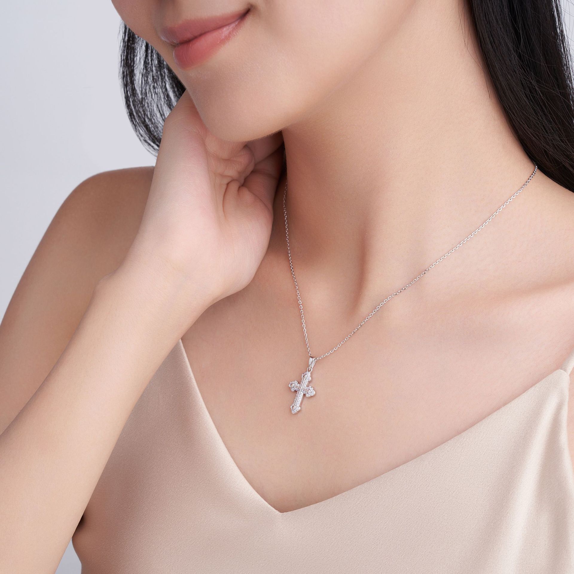 Moissanite Pave Budded Cross Necklace - Image 6
