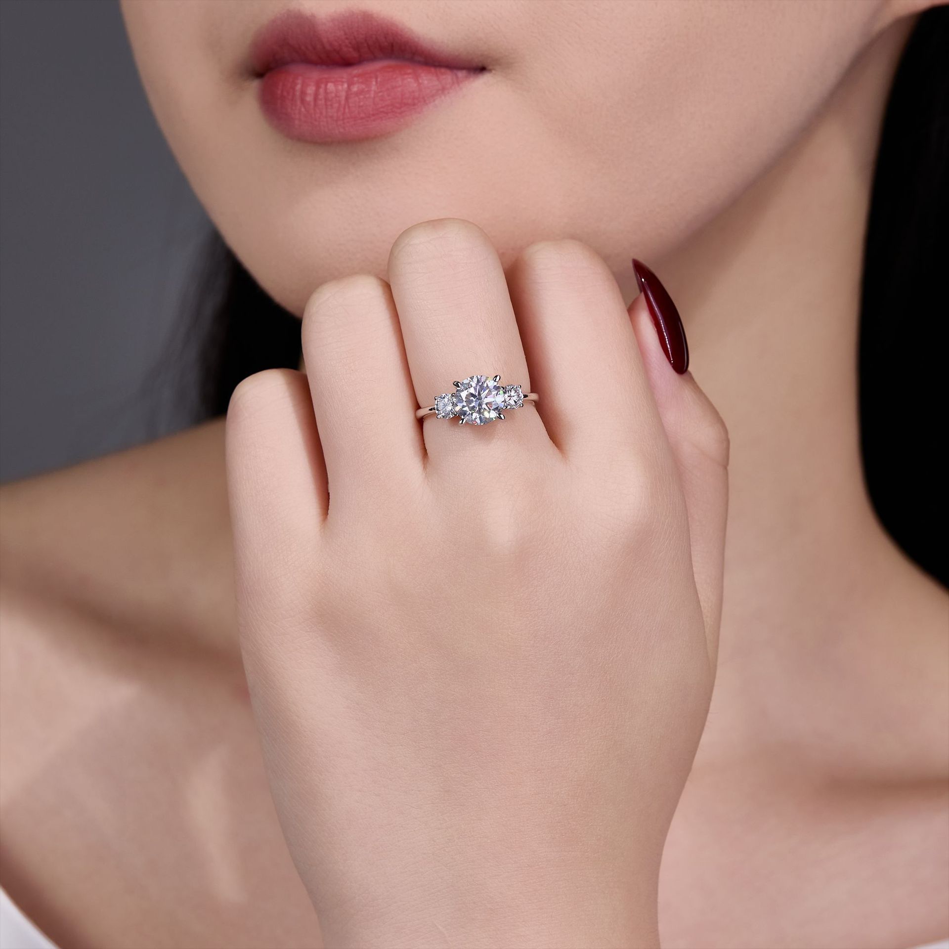 Round Three-Stone Moissanite Ring | 2ct DEW Center | 925 Silver - Image 5