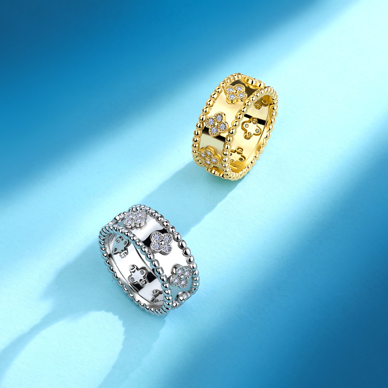 Clover-Motif Beaded Moissanite Band Ring - Image 3