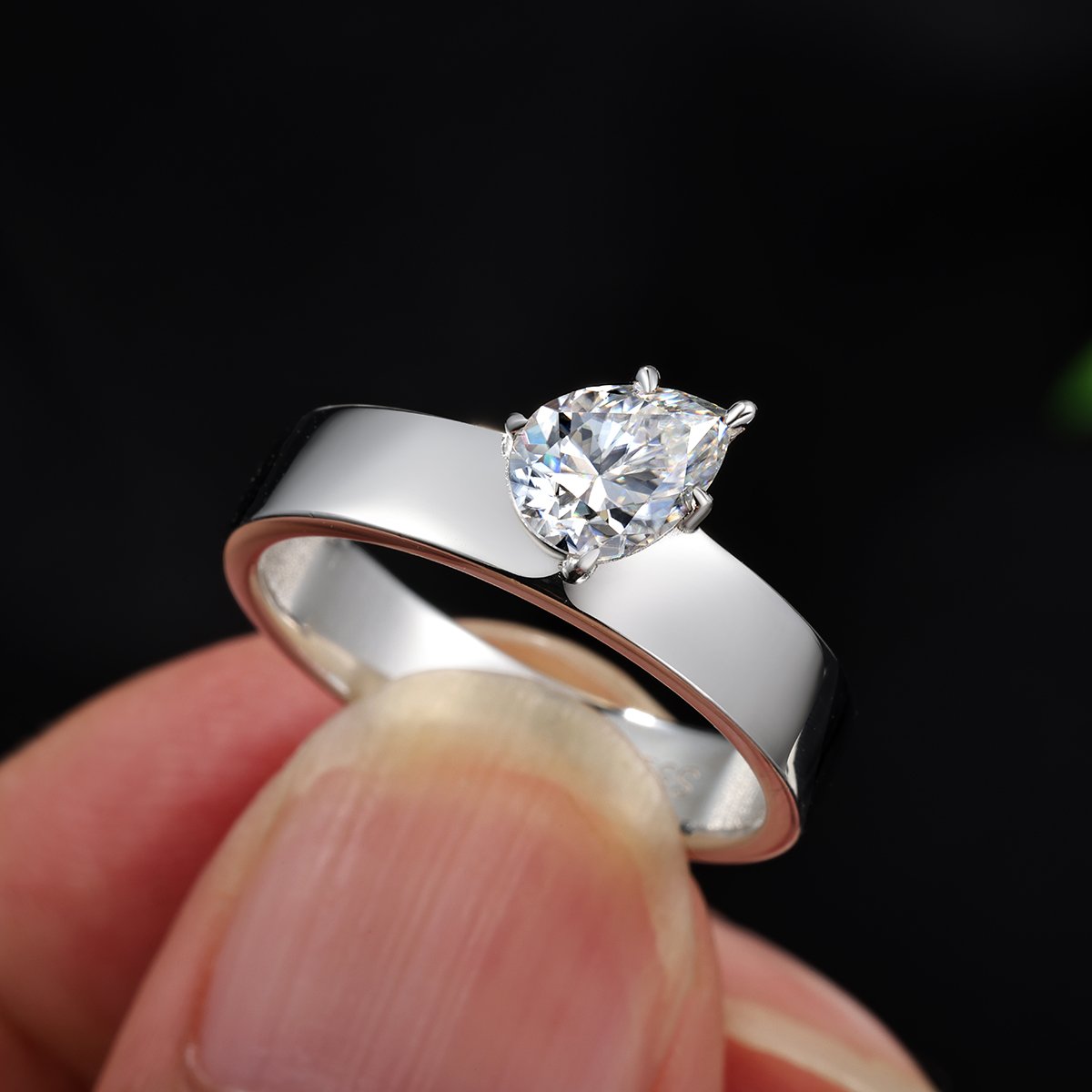 Pear-Cut Moissanite Flat-Band Solitaire Ring - Image 3