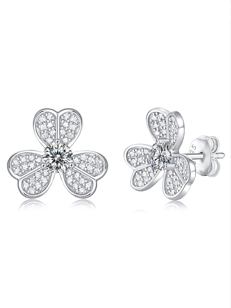 Three-Petal Clover Pavé Moissanite Stud Earrings | 4.0mm Round Center | 925 Silver - Image 2