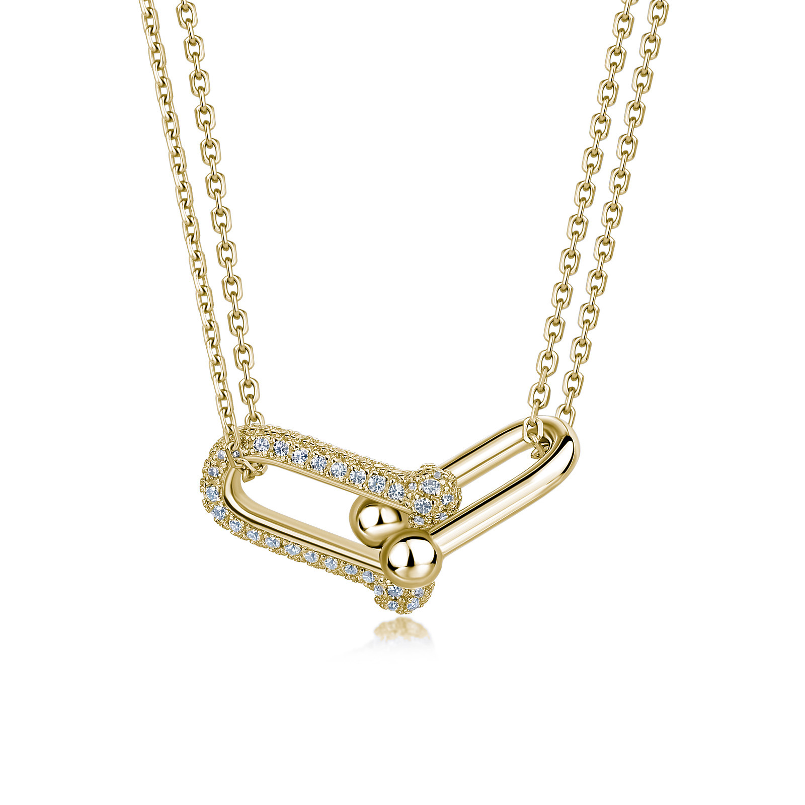 Moissanite Interlocking U-Link Necklace | Pavé Horseshoe Links, Double Chain - Image 2