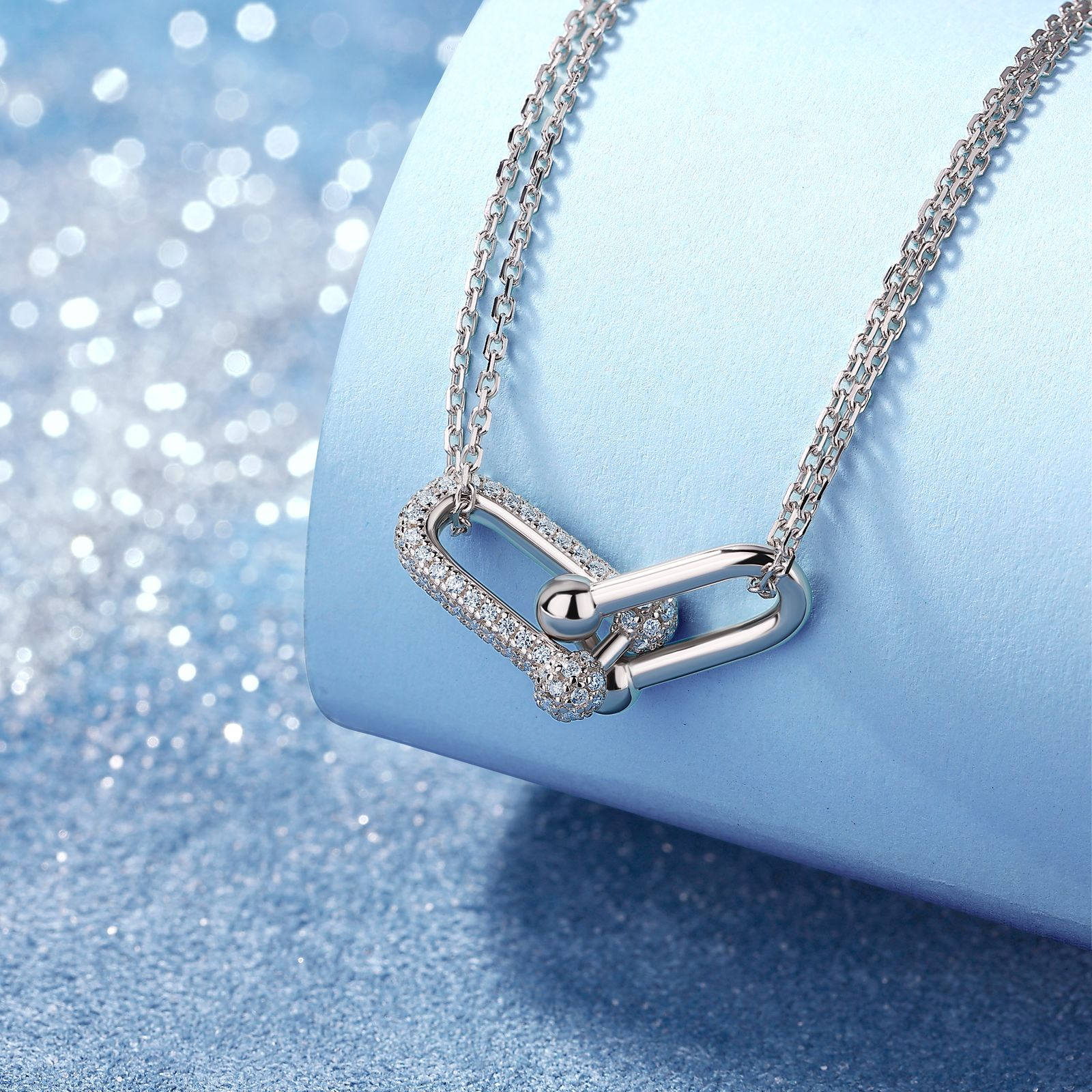 Moissanite Interlocking U-Link Necklace | Pavé Horseshoe Links, Double Chain - Image 4