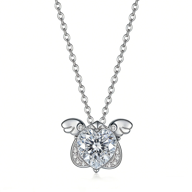 Moissanite Heart Angel-Wings Pendant Necklace | 2ct DEW, 925 Silver - Image 2