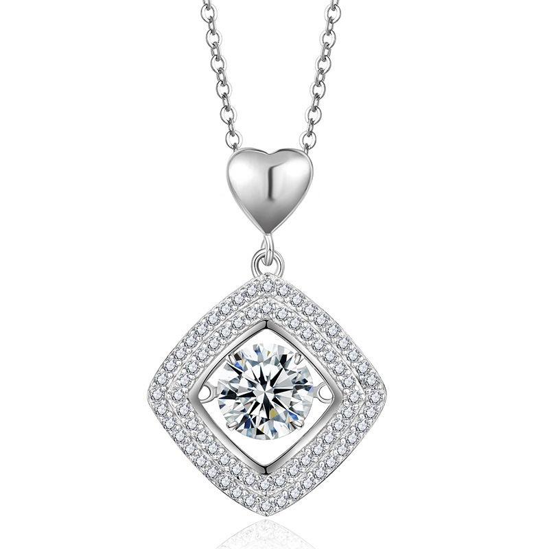 Dancing Moissanite Rhombus Halo Heart-Bail Pendant Necklace - Image 2