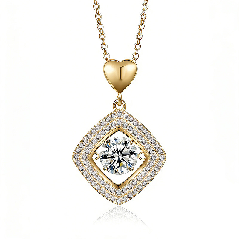 Dancing Moissanite Rhombus Halo Heart-Bail Pendant Necklace - Image 3