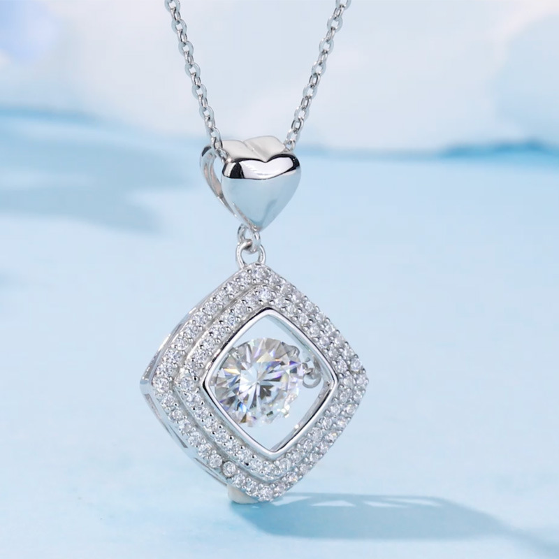 Dancing Moissanite Rhombus Halo Heart-Bail Pendant Necklace - Image 4