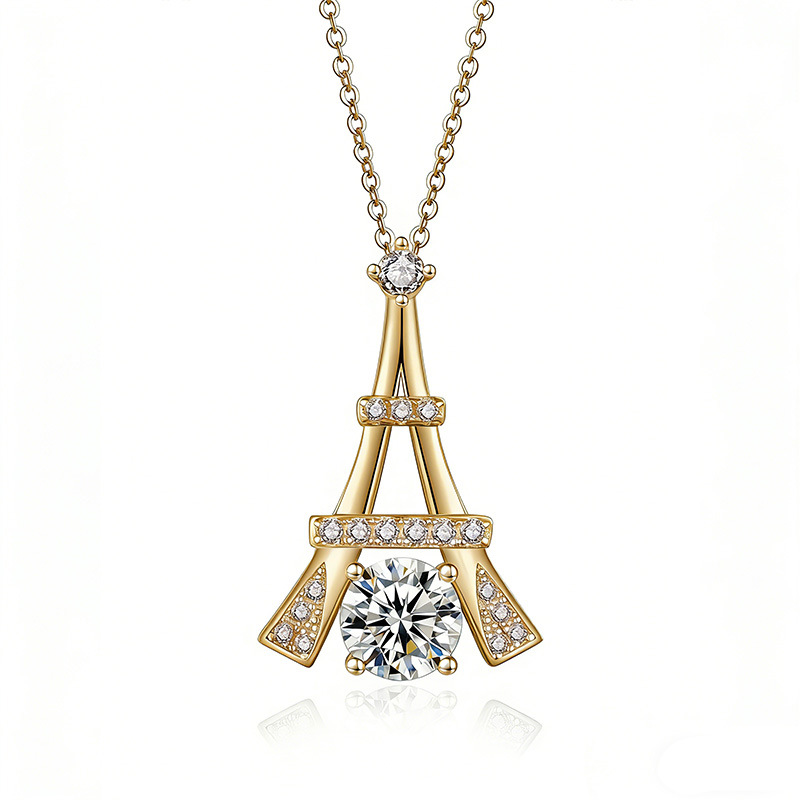 Tower Silhouette Moissanite Pave Pendant Necklace | Round Brilliant Center - Image 3